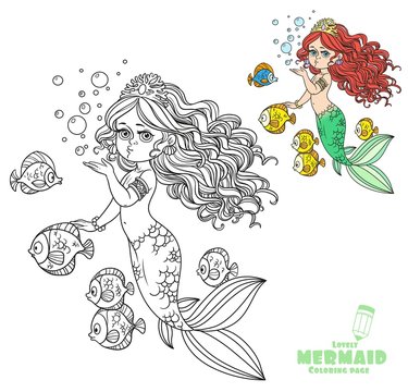 Beautiful mermaid girl sends an kiss coloring page on a white background