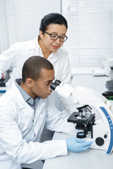 Two colleagues professional researchers using microscope at the laboratory