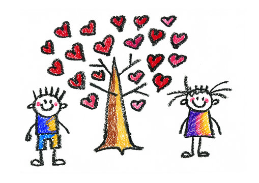 Kids drawing Love tree with hearts Children education, school, kindergarten Play Study Learn Boys and Girls