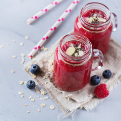 Healthy mixed smoothie for breakfast with berries, blueberry, raspberry
