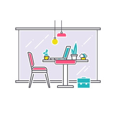 Workplace or studying place interior. Cafe work space concept. Modern vector thin line illustration