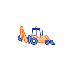 Excavator with two scoops, flat icon, construction vehicle
