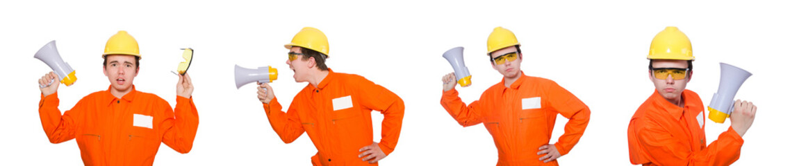 Builder with loudspeaker isolated on white