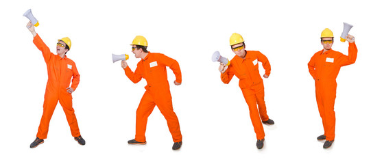 Builder with loudspeaker isolated on white