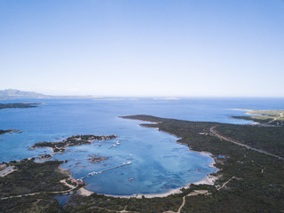 Aerial view of the Sardinian Emerald Coast, with its turquoise sea. in Sardinia Island, is one of the most beautiful and famous coasts in the world