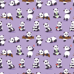 Panda bear cude character different pose vector seamless pattern