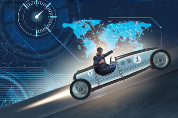 Naklejka premium Businessman riding vintage roadster in motivation concept