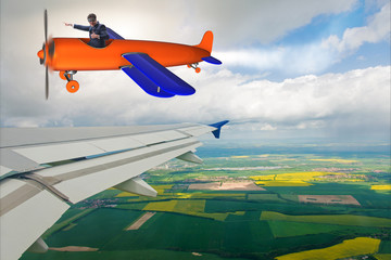 Businessman flying on vintage old airplane