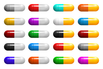 Set of medical capsules. Pills with multicolored shells. Colored objects on white background. Vector