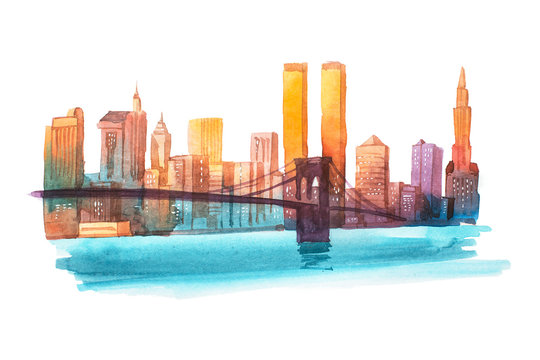 Manhattan bridge New York cityscape watercolor illustration.