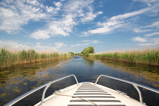 View of a small boat in Danube Delta, Romania.