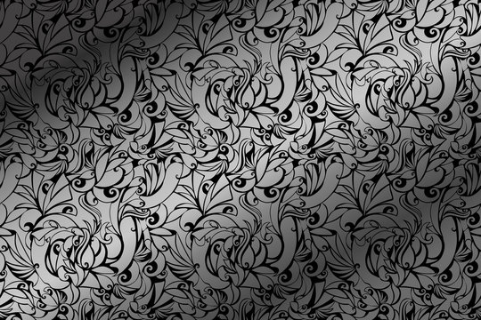 Silver abstract texture with plant different asymmetrical elements on a black background