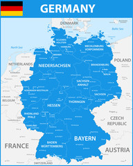 The detailed map of the Germany with regions or states and cities, capitals.