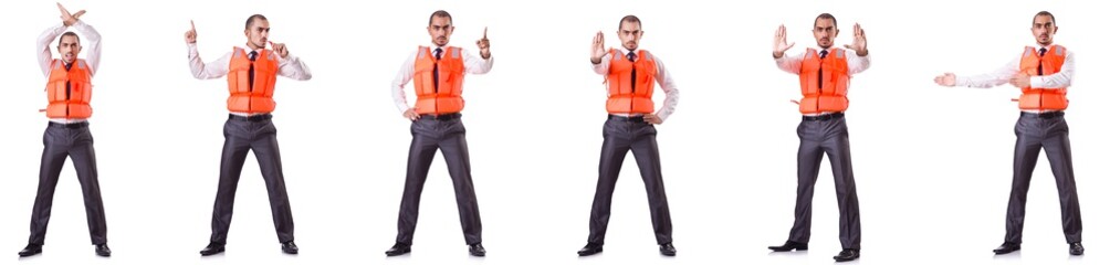 Businessman with rescue safety vest on white