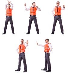 Obraz premium Businessman with rescue safety vest on white