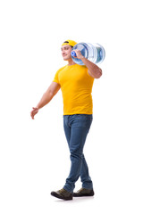Man delivering water bottle isolated on white