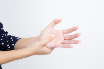 woman hands pain on white background,office syndrome concept