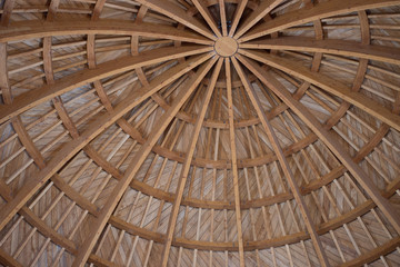 Dome of Umayyad Palace with wooden beams and roof. The dome is at the entrance of the palace and has been reconstructed. Located at the Amman Citadel.