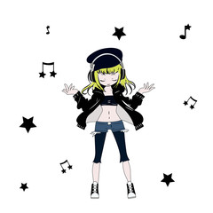 Cute cartoon anime girl with headphones is listening to music in vector
