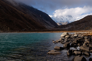 Fototapeta na wymiar Landscape of Gokyo lake with Cho Oyu, sixth highest mountain in the world, in Himalaya, Nepal