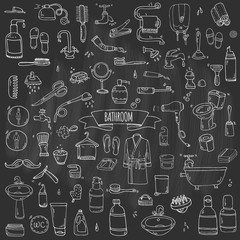 Hand drawn doodle Bathroom related icons set Vector illustration home bath symbols collection Cartoon elements on white background Sketch Toilet Sink Shower Bathtub Lavatory Towel Robe Slippers Fan
