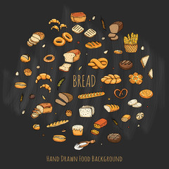 Hand drawn doodles of cartoon food: rye bread, ciabatta, whole grain bread, bagel, sliced bread, french baguette, croissant, sandwich, cake. Bread set. Vector illustration. Sketch elements collection.