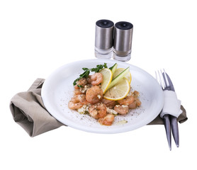 stewed shrimps with feta in a white plate