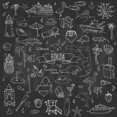 Hand drawn doodle Florida icons set. Vector illustration, isolated symbols collection of USA state, Cartoon elements Alligator Manatee Yacht Cruise sheep Fishing boat Golf American football Palm trees