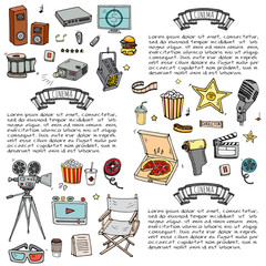 Hand drawn doodle Cinema set. Vector illustration. Movie making icons. Film symbols collection. Cinematography freehand elements: camera, film tape, photo camera, pizza, popcorn, projector, microphone
