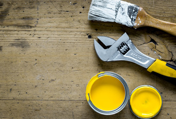 building decoration instruments with paint, brush, wrench top view space for text