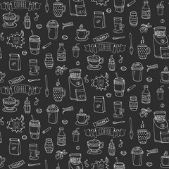 Seamless background hand drawn doodle Coffee time icons set Vector illustration isolated drink symbols collection Cartoon various beverage element: mug, cup, espresso, americano, irish, decaffeinated