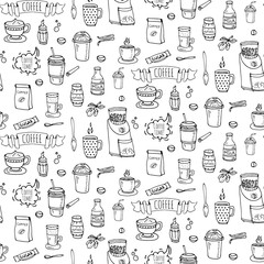 Seamless background hand drawn doodle Coffee time icons set Vector illustration isolated drink symbols collection Cartoon various beverage element: mug, cup, espresso, americano, irish, decaffeinated