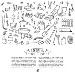 Hand drawn doodle set of Gardening icons. Vector illustration set. Cartoon Garden symbols. Sketchy elements collection: lawnmower, trimmer, spade, fork, rake, hoe, trug, wheelbarrow, hose reel.