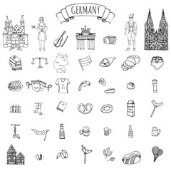 Hand drawn doodle set of Germany icons. Vector illustration set. Cartoon German landmark. Sketchy Europe travel elements collection: Sausage, Beer, Wheat bread, football, tennis, classic music, castle