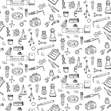 Seamless pattern hand drawn doodle Medical laboratory icons set Vector illustration Chemical lab symbol collection. Cartoon medicine and healthcare elements: research tools, substance, molecules, mask