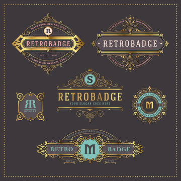 set of 6 elegant golden and pastel colored retro badges or labels - perfect as logos, for packaging and other branding purposes as well as for greeting and invitation cards