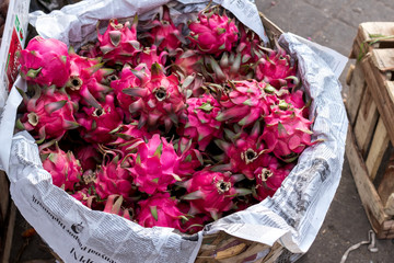 Healthy dragon fruits on organic food market, tropical Bali island, Indonesia.