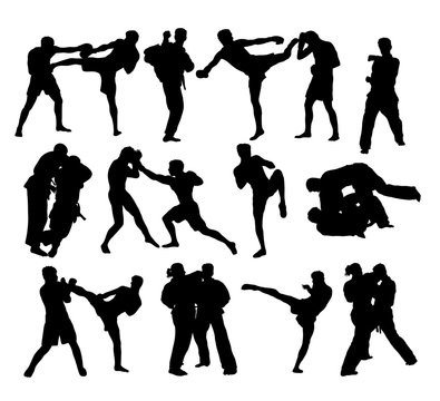 Judo and Free Boxing Silhouettes, art vector design