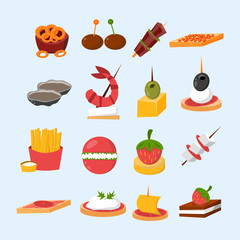 Various meat fish cheese banquet snacks on banquet platter canape snacks appetizer delicious vector.