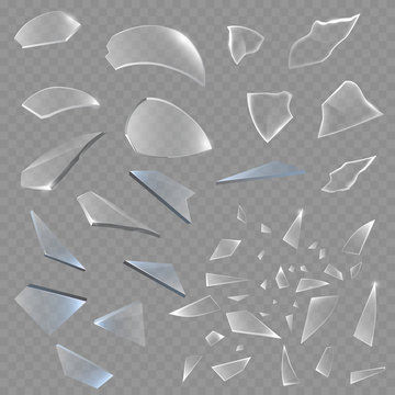 Realistic transparent shards of broken glass pieces sharp realistic 3d style vector illustration