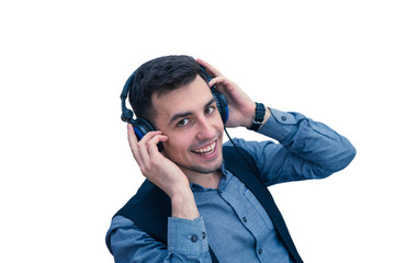 smiling man office worker wearing a headset or headphones isolated on white background