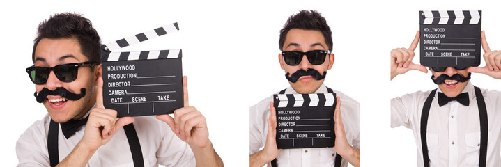 Whiskered young man with clapperboard isolated on white