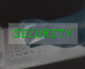 Text "Security" with dark hand and keyboard background, Computer security concept