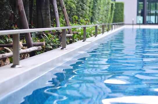 Fence By The Pool With Trees In The Garden, The Backdrop Slightly