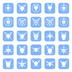 Set of abstract shield and sword icons.