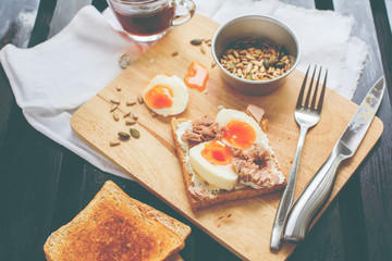 Healthy Breakfast Coffee Toast Tuna Eggs Sunflower Seeds