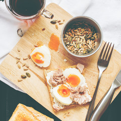 Healthy Breakfast Coffee Toast Tuna Eggs Sunflower Seeds