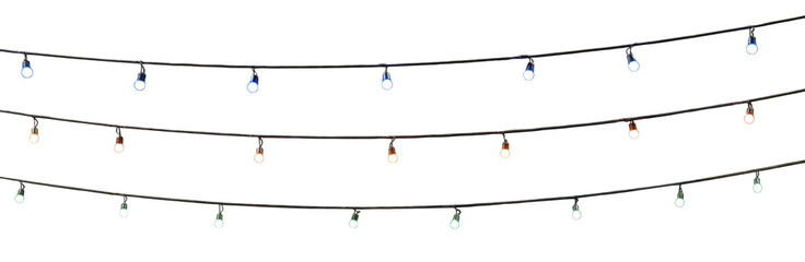 string wired multi colored bulbs on white background