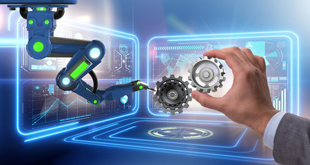 Teamwork concept with businessman and cogwheels