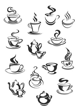 Vector icons of coffee or tea cups set for cafe